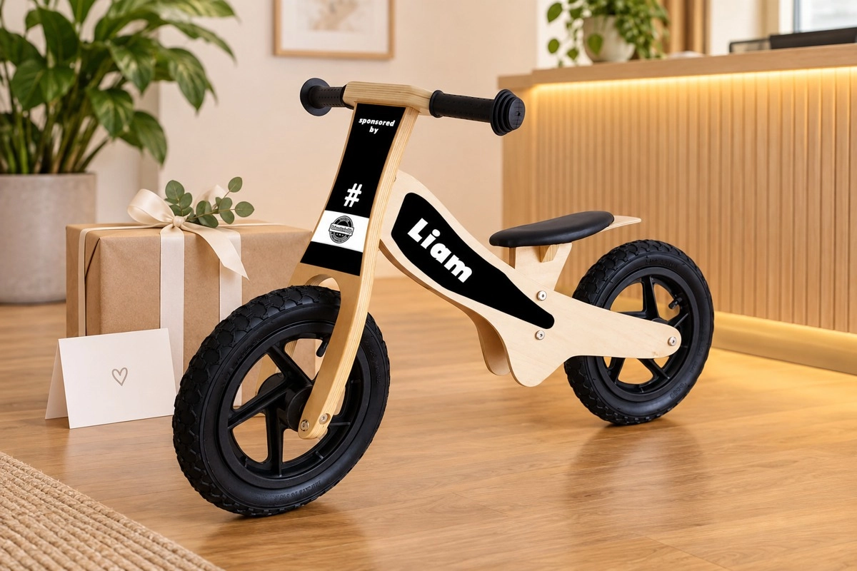 Een loopfiets met bedrijfslogo als kraamcadeau van collega’s